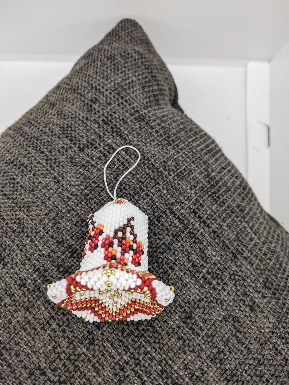 Beaded White, Red & Gold Bell Ornament - Holiday Hanging Decoration